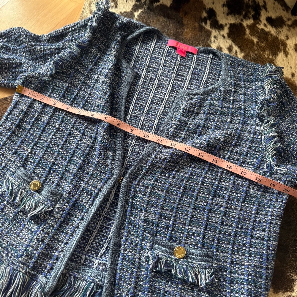 LILLY PULITZER Blue Tweed Fringe Jacket Size Medium - Picture 9 of 10